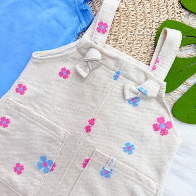 Conj. Blusa e Salopete Florzinhas em Linho- Azul e Areia